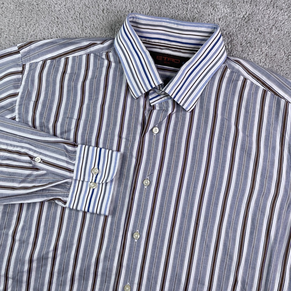 Etro Milano Shirt Mens 43 XL Blue Brown Striped Button Up Italy Luxury Cotton